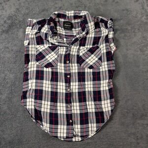 JACHS Gilfriend Women Blouse Top Med Navy Blue White Red Plaid Button Up Rayon